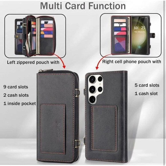 Wallet Case For Samsung Galaxy S23 Ultra Multi Function Detachable Magnetic - Picture 5 of 10
